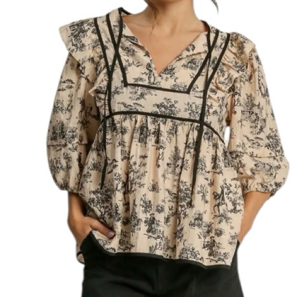 Umgee V-Neck Ruffle Accent 3/4 Sleeve Cottage Core Blouse